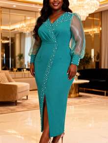Plus Size Guest Wedding Party Dress, Women Elegant V-Neck Sheer Mesh Long Lantern Sleeve Beaded Slit Formal Gown - 綠色 - 查看 3