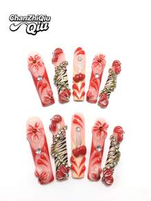 10-Piece 5.5 Cm Handmade Coffin-Shaped Wearable Nails, Featuring Rhinestone, Stripe, And Petal Decorations, Ready-To-Wear Nail Set. Middle Eastern And Valentine's Day Designs, Suitable For Women And Girls For Parties, Holidays, And Daily Wear. Nail Accessories, Acrylic Nail Set, Includes Kit, Hand-Pressed Manicures, Fake Nail Stickers, And Manicure Supplies. - Nhiều màu - Xem 1