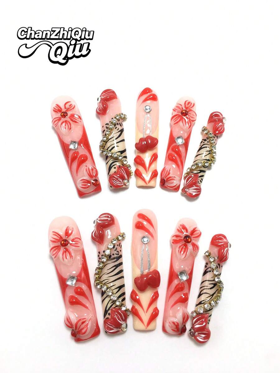 10-Piece 5.5 Cm Handmade Coffin-Shaped Wearable Nails, Featuring Rhinestone, Stripe, And Petal Decorations, Ready-To-Wear Nail Set. Middle Eastern And Valentine's Day Designs, Suitable For Women And Girls For Parties, Holidays, And Daily Wear. Nail Accessories, Acrylic Nail Set, Includes Kit, Hand-Pressed Manicures, Fake Nail Stickers, And Manicure Supplies. - Nhiều màu - Xem 1