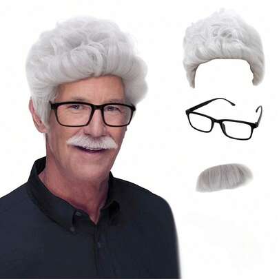 Peruca de velho com bigode e barba para fantasia de adolescente, peruca grisalha curta encaracolada prateada de vovô, conjunto de acessórios de brinquedo com perucas e óculos, peruca facial de bigode falso.