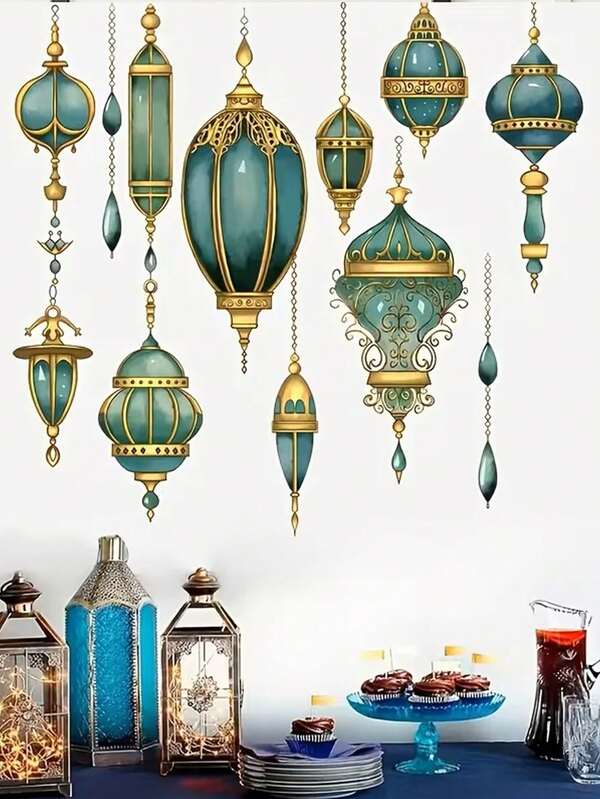 开斋节快乐墙贴，伊斯兰复古吊灯图案贴纸，适用于家居、客厅和卧室装饰，墙面背景装饰