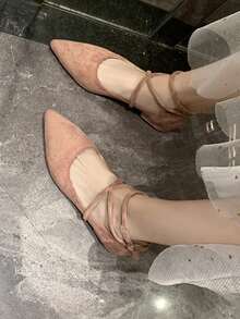 Black Criss-Cross Strap Chunky Heel Pumps, Pointed Toe Ballet Shoes Style Versatile Slip-On Shoes - Pink - View 3