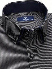 Men's Striped Shirt With Double Collar, 35% Cotton And 65% Polyester - Black and White - View 1