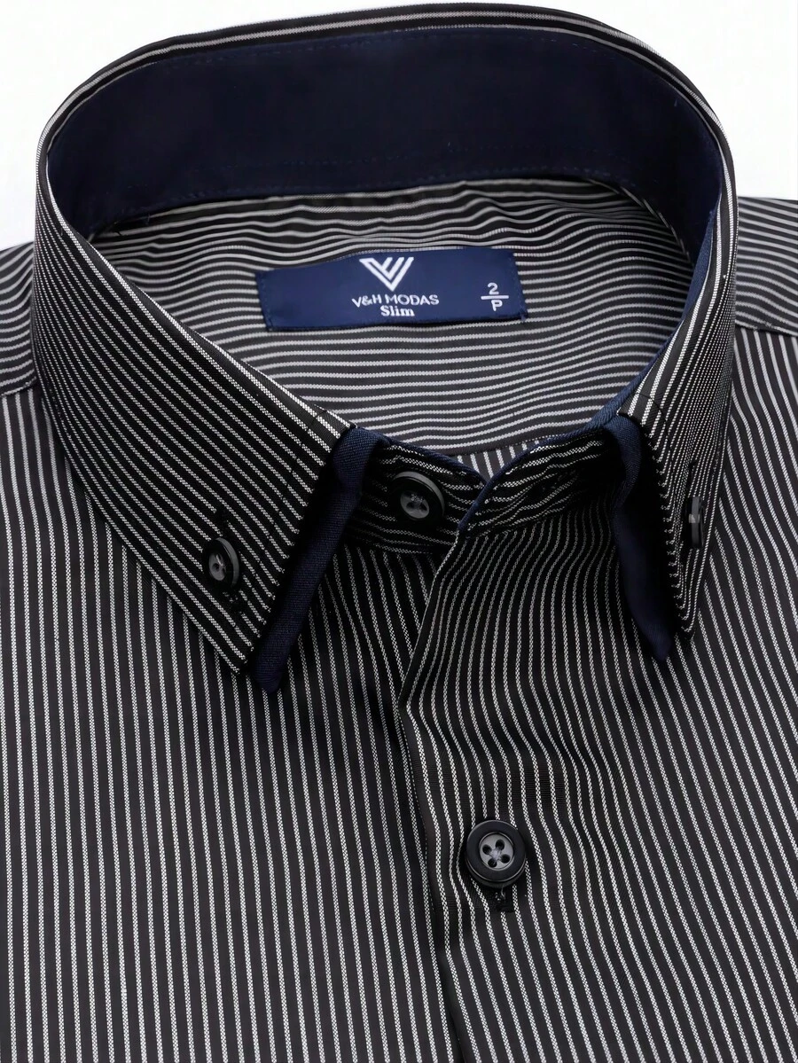 Men's Striped Shirt With Double Collar, 35% Cotton And 65% Polyester - Black and White - View 1
