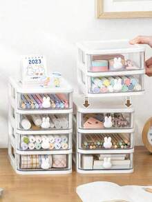 1 pieza Caja de almacenamiento de escritorio con diseño de conejo lindo, organizador de papelería con cajón de conejo, mini caja de exhibición de figuras de acrílico, caja de almacenamiento de cosméticos y joyas, adecuada para dormitorio, habitación, tocador u oficina, regalo de vuelta a la escuela, cumpleaños, Navidad - Multicolor - Ver 10
