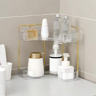 1 st 90° roterande förvaringsställ för badrumsbänkskiva, för förvaring av hudvård, kosmetika, parfymer, sminkbricka samt parfym- och kosmetikaförvaring, bänkmodell, kryddhylla i 2 nivåer för kök