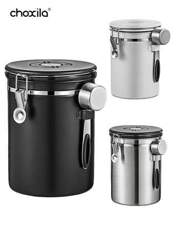 choxila 1 st 2,8L kaffebehållare, lufttäta behållare för förvaring av kaffebönor, förvaringsbehållare för mat i rostfritt stål med datumspårning och skopa, kaffetillbehör för malet kaffe, bönor, te, socker, mjöl, flingor