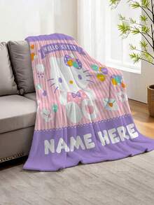 Sanrio 1pc Hello Kitty Themed Flannel Blanket, Customizable Name, Pink & White Striped Base With Purple Border & Decor, Cute & Fun Style - Suitable For All Seasons, Soft, Lightweight, Warm, Suitable For Sofa, Bed, Outdoor - Perfect Birthday And Holiday Gift For Family And Friends - Multicolor - View 5