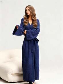 Black Friday1-[COZY Soft Plush Feel]Women's Double-Sided Fleece Robe|Thickened Long Plush Loungewear|Warm Flannel Pajamas For Fall & Winter|Soft, Cozy, And Wearable Indoors & Outdoors - 寶藍色 - 查看 10
