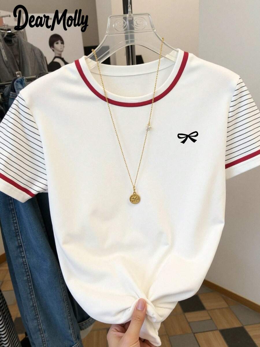 Áo thun cổ tròn in họa tiết nơ phối màu DEAR MOLLY dành cho nữ, thích hợp mặc hàng ngày, món quà lý tưởng dành cho người yêu nhân ngày Valentine. - Nhiều màu - Xem 1