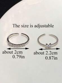 2pcs Elegant Silver-Tone Copper Alloy Heart Shaped Rhinestone Adjustable Rings, Suitable For Teenage Girls, Valentine's Day And Daily Wear - Silver - View 7