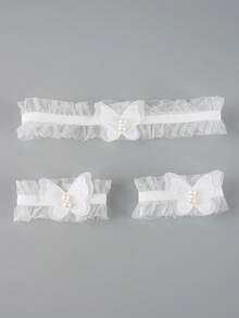 2pcs/Set Women Lace Trim Elastic Leg Garter & Wristband, Double Layer Butterfly Pearl Lace Leg Cuffs & Wrist Cuffs, Bridal Wedding Dress Leg Decor, Costume Performance - Multicolor - View 9