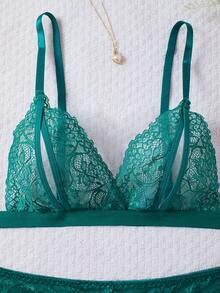2pcs Floral Lace Lingerie Set: Open Cup Triangle Bra And Open Crotch Thong. Sexy Women's Underwear And Sleepwear Set. - Green - View 4