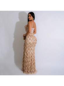 Vestidos Elegantes De Mujer Vestidos Dresses For Women Formal Dresses For Women Dresses For Women Elegant Prom Dresses Formal Dresses For Women Formal Gowns For Women Evening Elegant Sequined Party Long Dress, Fashionable Spaghetti-Strap Hip-Hugging A-Line Dress For Women - 杏色 - 查看 2