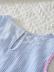 2pcs Girls Striped Bow Embroidery Vest And Wide Leg Pants Set, Fashion Outfit For Girls Aged 3-7 - Blue - View 5