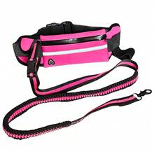 1条带拉链腰包的免手持狗绳，双层加厚手柄和耐用弹力绳，适合散步、慢跑和跑步宠物训练牵引绳[新版本] - 玫紅色 - 查看 11