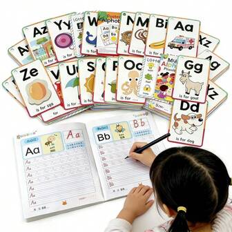 1 bok (32 sidor) Skrivning i engelska + 26 flashkort med engelska alfabetet + Gåva: 2 pennor, 1 penngrepp med slumpmässiga färger, arbetsbok med spårning av engelska alfabetet, övningsbok för kalligrafi, flashkort med djuralfabetet i färg för tidig inlärning