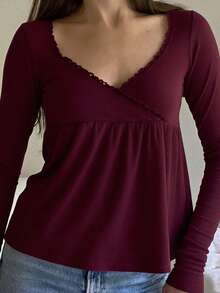 Women V Neck Long Sleeve Lace Trim Rib Knit Tops V Neck Ruffle Hem Peplum Shirt Aesthetic Slim Fit Tee Top - 酒紅色 - 查看 2