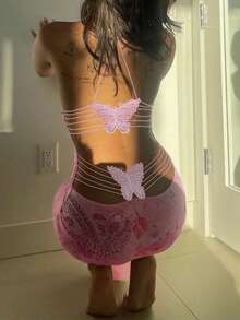 Spaghetti Strap Backless Fitted Floral Print Dress - Pink - View 4