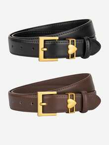 1/2pcs Vintage Square Heart Buckle Women's Belt, Minimalist Fashion Waist Belt, Waist Cincher, Elegant Versatile For Dresses, Pants, Coats, Indie Korean Style, Suitable For Daily Wear, Gift For Valentine's Day - Multicolor - View 2
