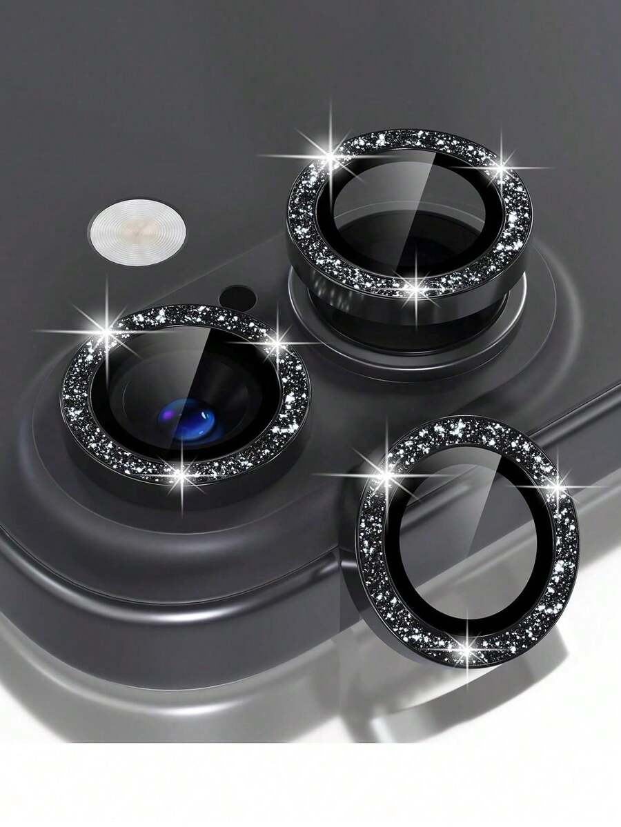 ZYONS 3pcs Glitter Camera Lens Protector, 9H Tempered Glass Lens Cover With Rhinestone Decoration, Compatible With IPhone 17 Pro Max/17 Pro/17 Air/17/16 Pro Max/16 Pro/16 Plus/16/15 Pro Max/14 Pro Max/13 Mini/12/11 Series Applicable To Daily Shield, Office, Home Daily Shield Office Home Phone Camera Cover Sparkling Crystal Waterproof Shockproof Anti-Fall Scratch Resistant - Black - View 1