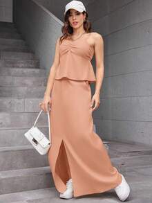 REF: AS1448 Women's Two-Piece Suit, High-Waisted Skirt And Suspender Top With Adjustable Straps, Chic, Elegant And Modern Style, Casual And Sophisticated Look For Spring And Summer, Vibrant Colors, Elegant Women's Suit For Modern Women - 粉色 - 查看 5