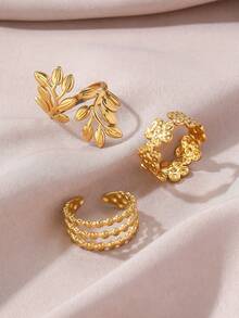 3pcs/Set Stainless Steel 18K Gold Plated Leaf, Flower, Geometric Design Open Rings, Fashionable, Versatile, Non-Deformable Gold Color Finger Rings For Women, Suitable For Daily Wear, Festivals, Parties, And Birthday Gifts - Yellow Gold - View 2