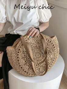 New Fashionable Vacation Style Large Capacity Straw Woven Beach Bag, Hollow Design, Suitable For Travel Use - Khaki - View 6