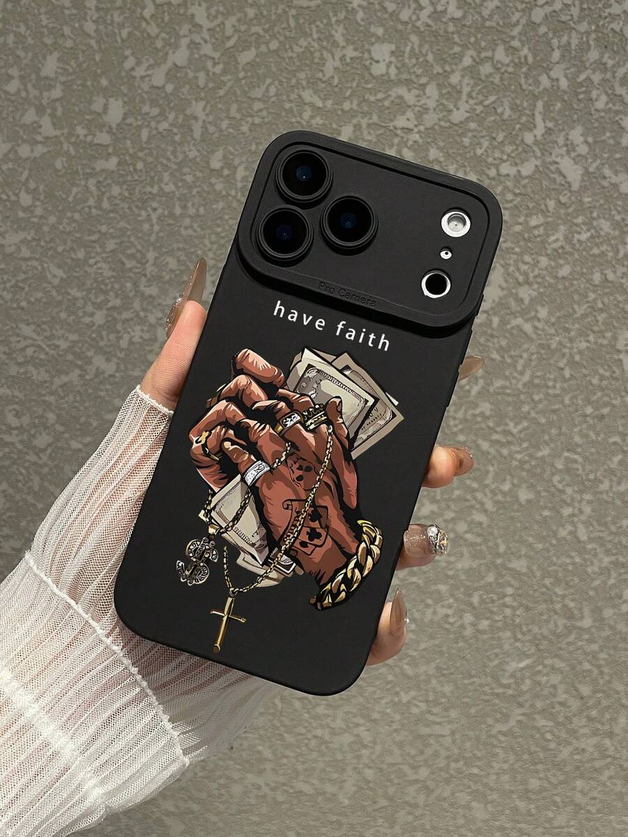 1 Dollar Items "Have Faith" Hip-Hop Money Cross Phone Case, Matte Black Soft TPU Shockproof Cover, Streetwear Aesthetic Design, Camera Lens Protection, Compatible With IPhone & Galaxy - Black - View 1