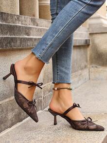 Women's Mesh Closed Toe Sandals, New Summer Hollow Pointed Toe Chunky Heel High Heels With Bowknot Strap, Elegant Slip-On Shoes