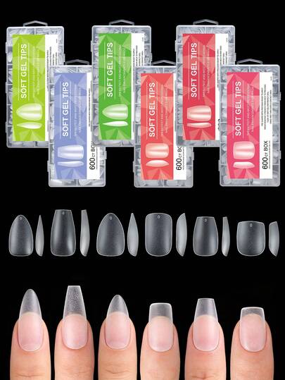 600pcs Full Matte Square/Almond/Coffin For Nail Tips , Medium/Short Length, Transparent, Solid Color Soft Gel ABS False For Nails, Full Cover Press On For Nail Kit For Nail Art Extension