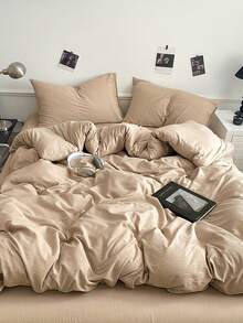 Solid Color Dopamine Bedding 2/3 Piece Set, Lightweight Detachable Duvet Cover And Bed Sheet, Soft And Delicate, Suitable For All Seasons, Ideal For Dorms, Hotels, Homestays, Multiple Sizes. - Milk Coffee Color - View 3