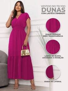 Elegant Women's Long V-Neck Dress With Elastic Waistband - Casual, Social, Comfortable, Versatile,  For End Of Year, Work, And Parties - 玫瑰紅 - 查看 5