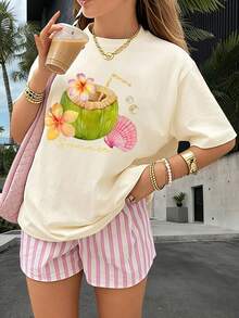 Tween Girl Cartoon Graphic Print Round Neck Short Sleeve T-Shirt - Apricot - View 9