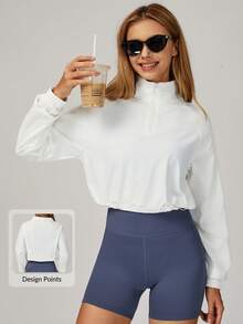 MASKERT 女士半拉链长袖外套，防晒上衣，拉链立领瑜伽上衣，跑步运动服，柔软亲肤 - 白色 - 查看 1