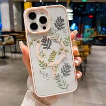 Funda de Teléfono con Patrón de Hoja Retro, Compatible con Carga Inalámbrica, Antigolpes, Sensación de Piel, Funda de Succión Magnética, Adecuada para 17/16/iPhone16ProMax/15/14PLUS/13/12/11 - Rosa - Ver 2