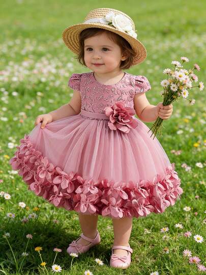 Elegant Powder Pink Princess Flower Girl Dress For Baby Girls, Floral 3D Party Dress, Suitable For Wedding, Prom, Banquet, Birthday Party, Mother's Day, Summer