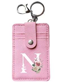 1pc PU Leather Minimalist Card Holder With Keychain, Floral & Alphabet A-Z Print, 2 Card Slots & 1 Transparent Front Pocket, Portable Wallet, Suitable For Business Cards, Credit Cards, ID Cards, Metro Cards, Can Be Hung On Backpacks Or Handbags, Great Gift For Birthday, Valentine's Day, New Year - Multicolor - View 12