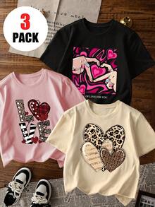 3pcs/Set Girls Casual Printed Round Neck Short Sleeve T-Shirt, Summer Student Young Children Clothing - Colorful Heart Ring Printed T-Shirt Brings Joy And Happiness To Every Child! - Pink - View 1