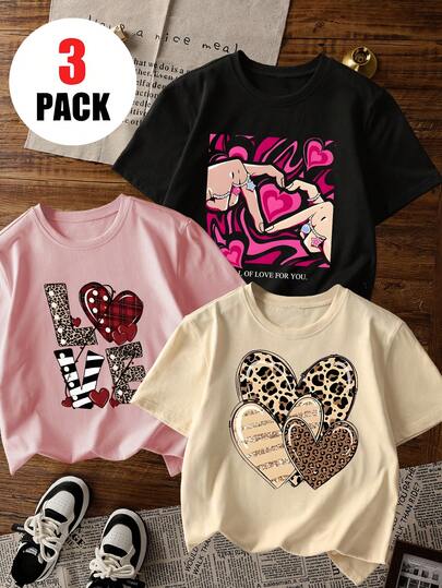 Set de 3 camisetas de manga corta con cuello redondo y estampado casual para niñas, ropa de verano para estudiantes y niños pequeños - ¡La camiseta estampada con corazones de colores trae alegría y felicidad a cada niño!