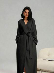 Black Friday1-[COZY Soft Plush Feel]Women's Double-Sided Fleece Robe|Thickened Long Plush Loungewear|Warm Flannel Pajamas For Fall & Winter|Soft, Cozy, And Wearable Indoors & Outdoors - 黑色 - 查看 10
