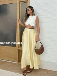 Women's Elegant Casual Solid Color Maxi Skirt, Suitable For Vacation Spring - Yellow - View 1