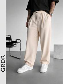 男士纽扣细节休闲宽松直筒裤，阔腿裤配斜插口袋，松紧腰带，宽松版型长裤，实用时尚，适合聚会、工作、日常穿着，简约经典百搭。 - 米色 - 查看 1