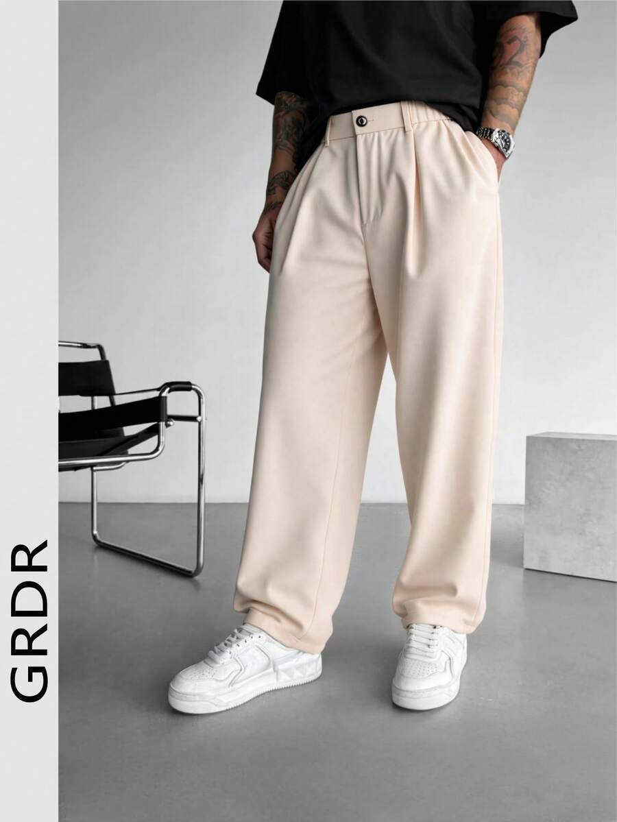 男士纽扣细节休闲宽松直筒裤，阔腿裤配斜插口袋，松紧腰带，宽松版型长裤，实用时尚，适合聚会、工作、日常穿着，简约经典百搭。 - 米色 - 查看 1