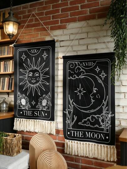 1 pezzo/2 pezzi Set di arazzi dei tarocchi, arazzo con frange sole e luna, decorazione da parete stile strega bianco e nero con stelle, tessuto boho a tema astrologia e tarocchi, adatto per camera da letto, soggiorno, dormitorio, decorazione mistica gotica per la casa, striscione dei tarocchi con frange, decorazione da parete stellata misteriosa