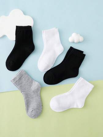 5 Pairs Kids/Students Solid Color Mid-Calf Socks, Black/White/Gray