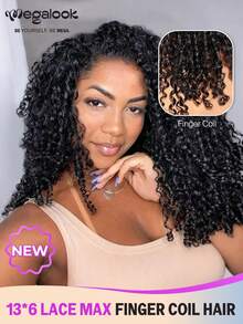 MEGALOOK Pixie Curly Upgrade 13x6 Max Three-Go™ Glueless Wigs With Drawstring 100% Human Hair Finger Coil Curly Wigs - 13x6 Ear-To-Ear Lace Natural Hairline Pre Plucked & Pre Bleached Knots Natural Black 20-26 Inch - SNatural - View 2