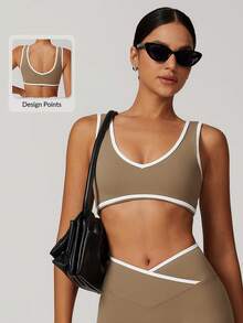 MASKERT 女士运动套装、吊带套装、健身套装、瑜伽套装、紧身跑步运动套装、高弹套装、休闲家居服套装、亲肤舒适 - 咖啡棕 - 查看 2