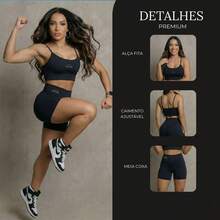 High-Waisted Mid-Thigh Shorts + Lined Top In UV 50+ Supplex Fabric For Women's Fitness And Gym Set. - xanh quân đội - Xem 3