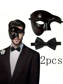 男士半脸面具+领带套装（2件套），化装舞会服装道具，半脸面具配领带，威尼斯风格面具和新郎领带婚礼服饰套装，化装舞会优雅配饰 - 彩色 - 查看 1